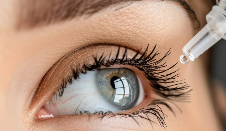 Nahaufnahme eines blauen Auges mit langen Wimpern, während mit einer Pipette Flüssigkeit auf das Auge aufgetragen wird.