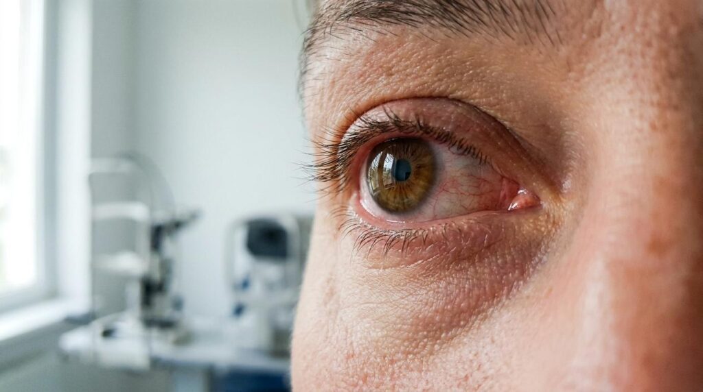 Nahaufnahme eines gereizten, geröteten Auges als Symbol für die Ursachen trockener Augen